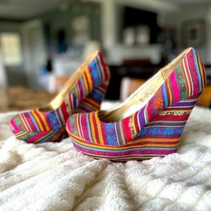 Multicolor Striped Fabric Woven Tapestry Platform Wedge